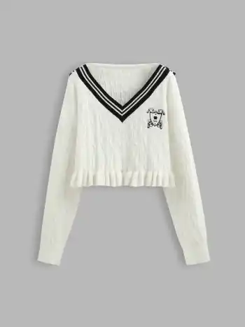 Knit V-neck Badge Graphic Ruffle Trim Contrasting Binding Long Sleeve Crop Top