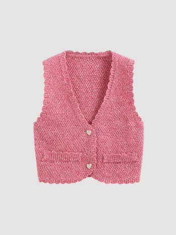Knit V-neck Heart Button Crop Vest