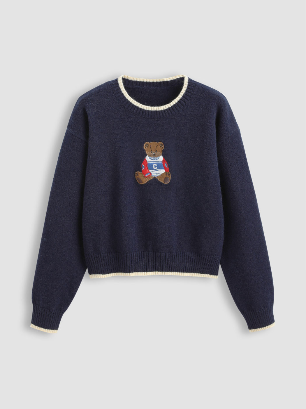 Round Neckline Graphic Bear Long Sleeve Sweater