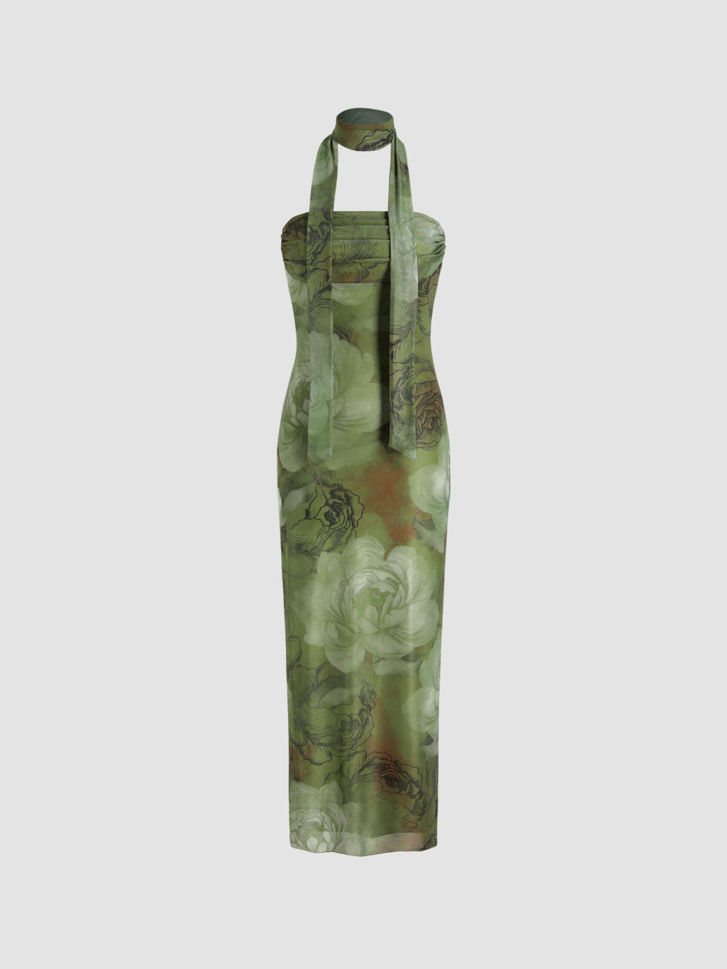 Conversational Floral Ruched Tube Maxi Dress With Choker