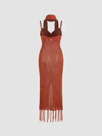 Knit Solid Sweetheart Tassel Split Twist Cami Maxi Dress With Tassel Choker