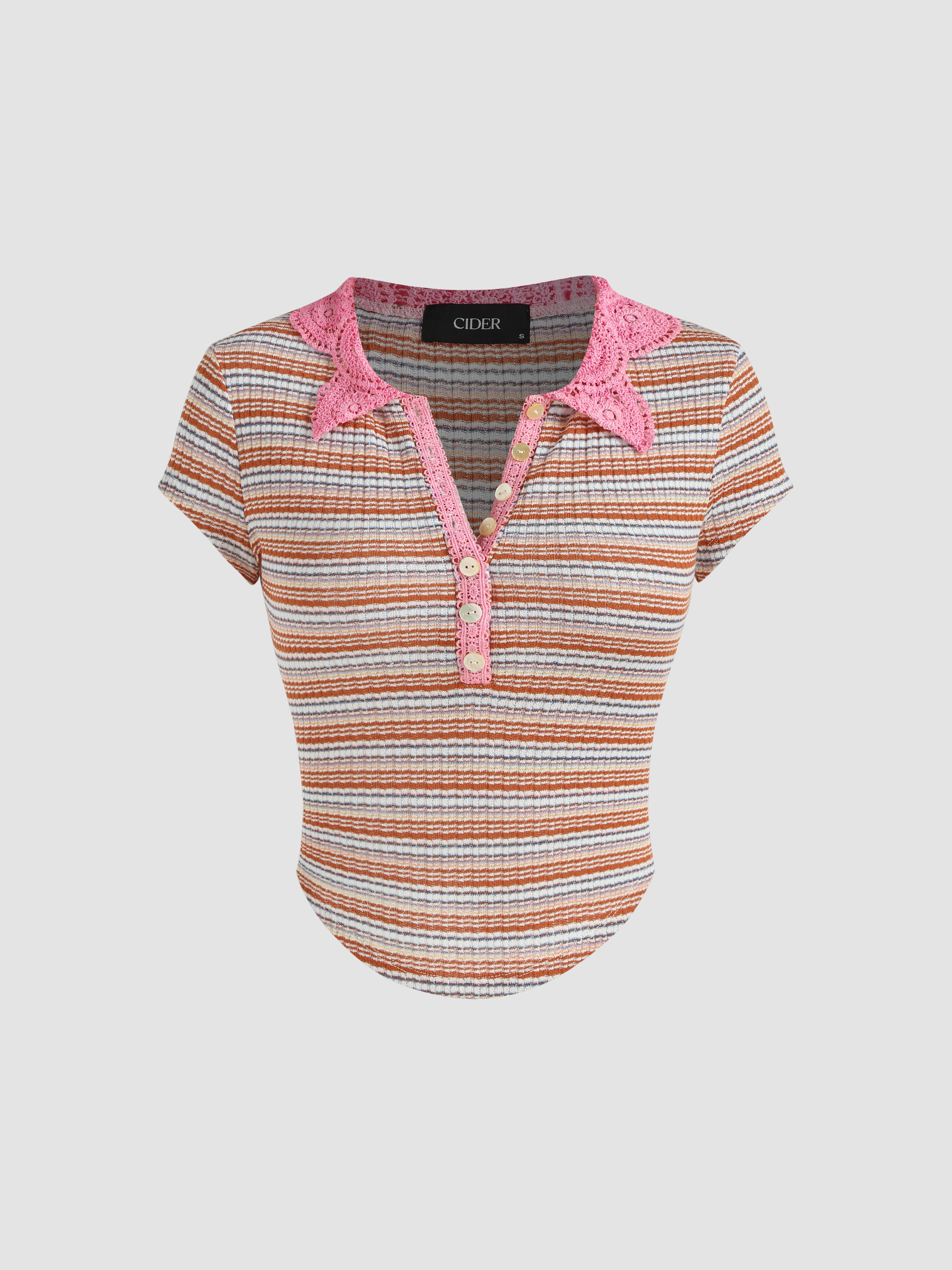 Knit Polo Striped Lace Trim Short Sleeve Top Cider