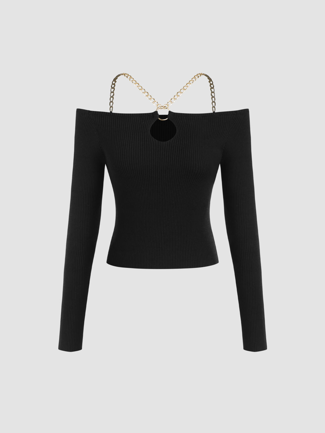 Off-shoulder Chain Cut Out Crop Knitted Sweater