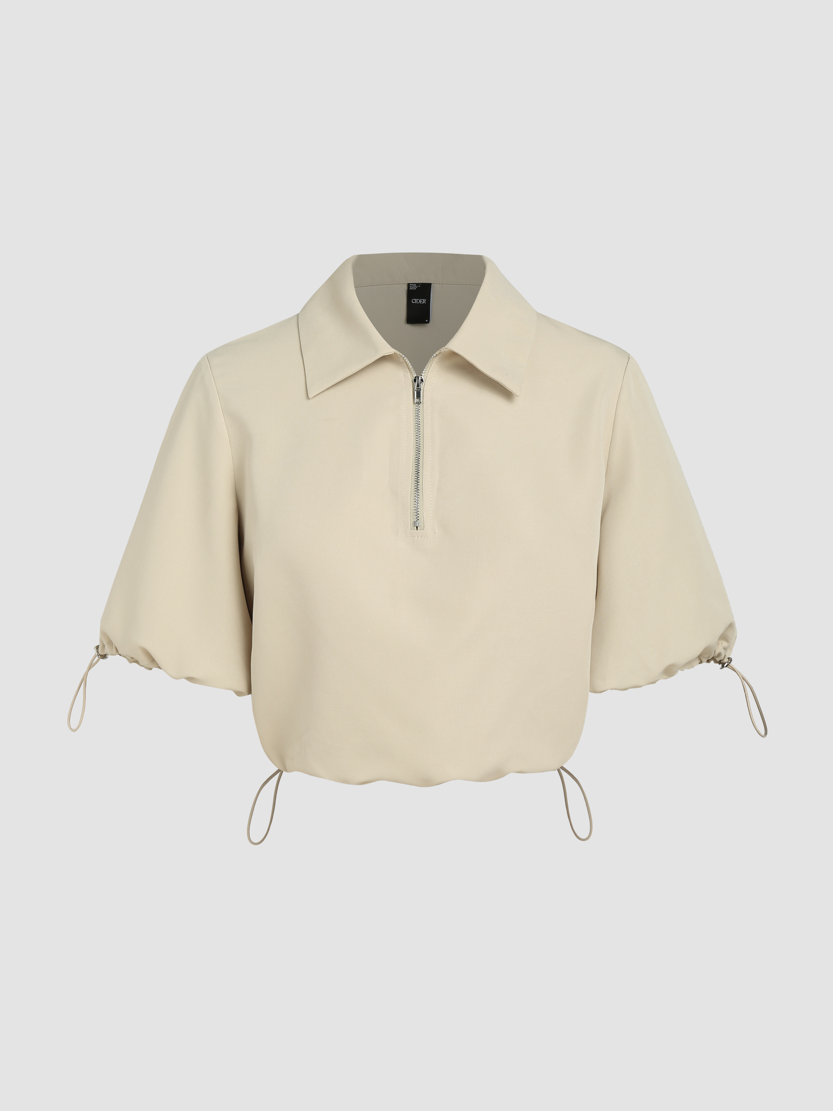 Woven Collar Drawstring Zipper Short Sleeve Blouse For Coffee Shop ...