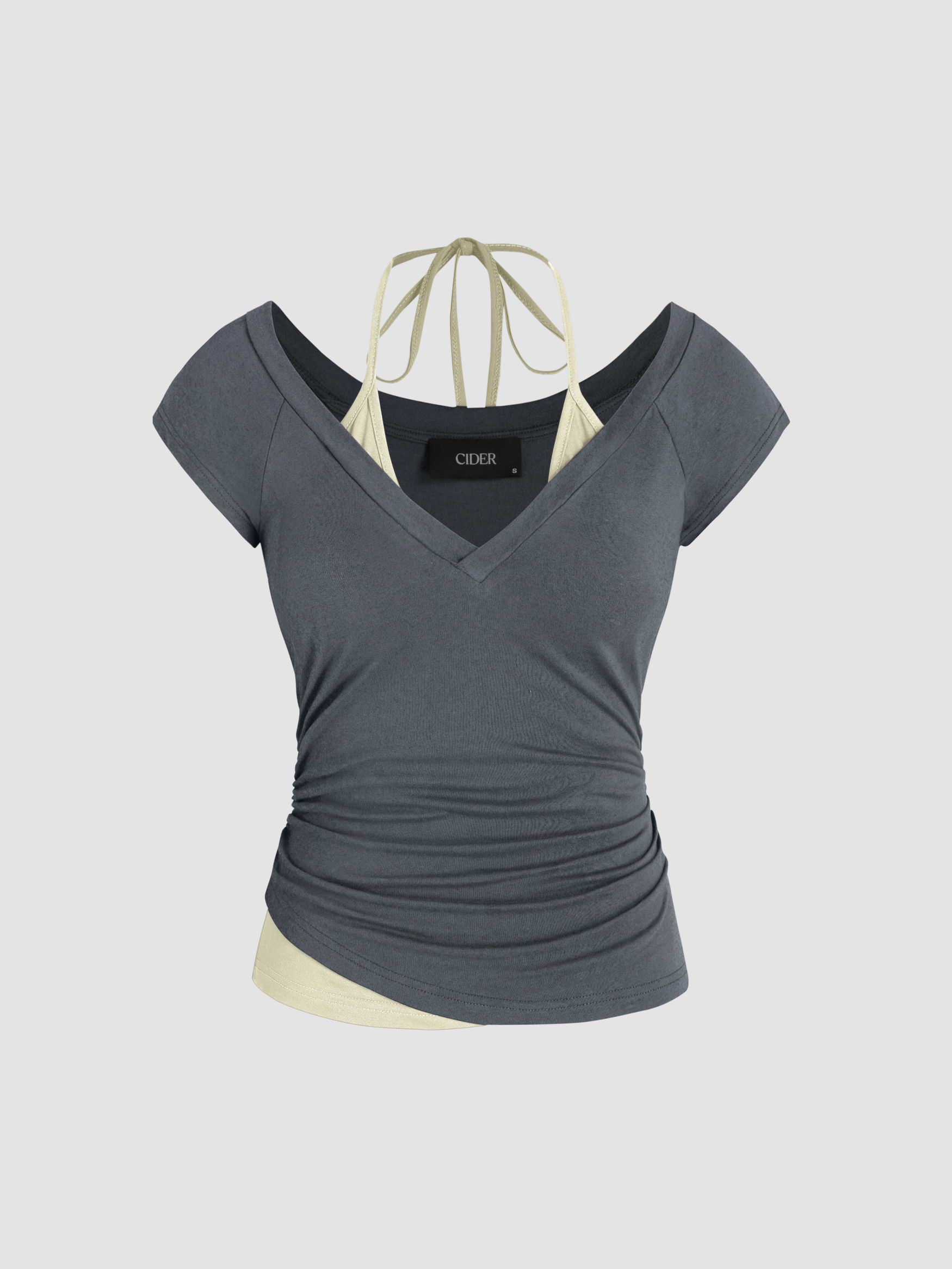 Halter Neckline Patchy Short Sleeve Top