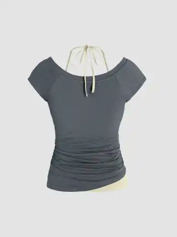 Halter Neckline Patchy Short Sleeve Top