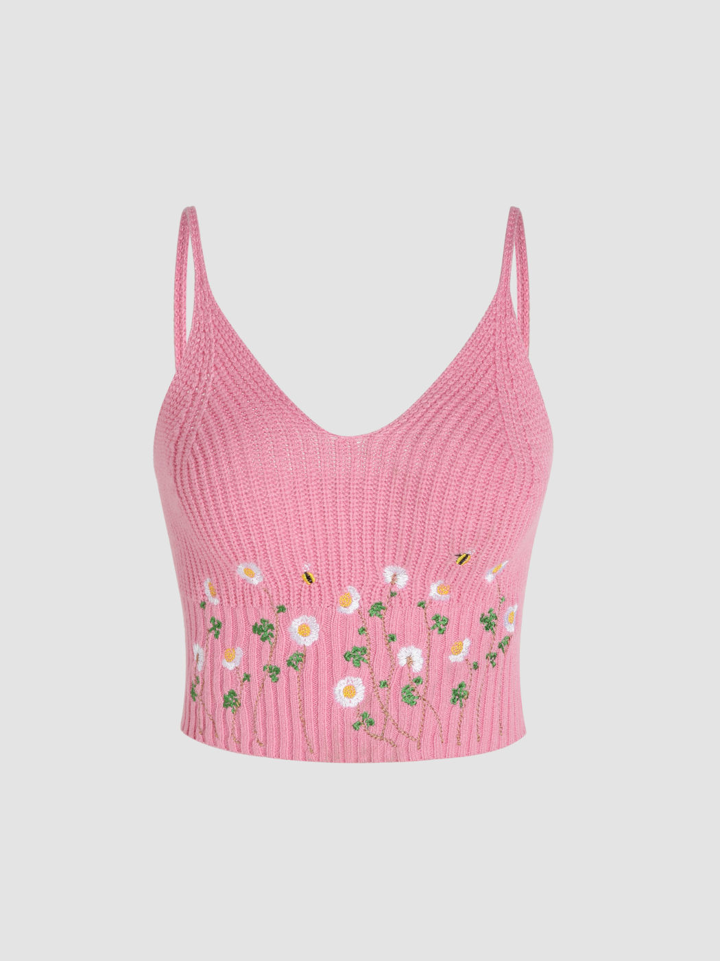 Gestricktes Blumen Crop Tank Top mit Rundhalsausschnitt
