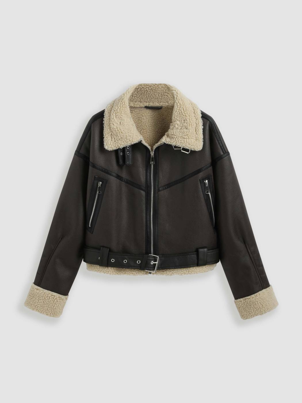  Shearling Drop Shoulder Reißverschluss Biker Jacke