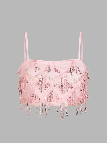 Sequins Tassel Crop Cami Top