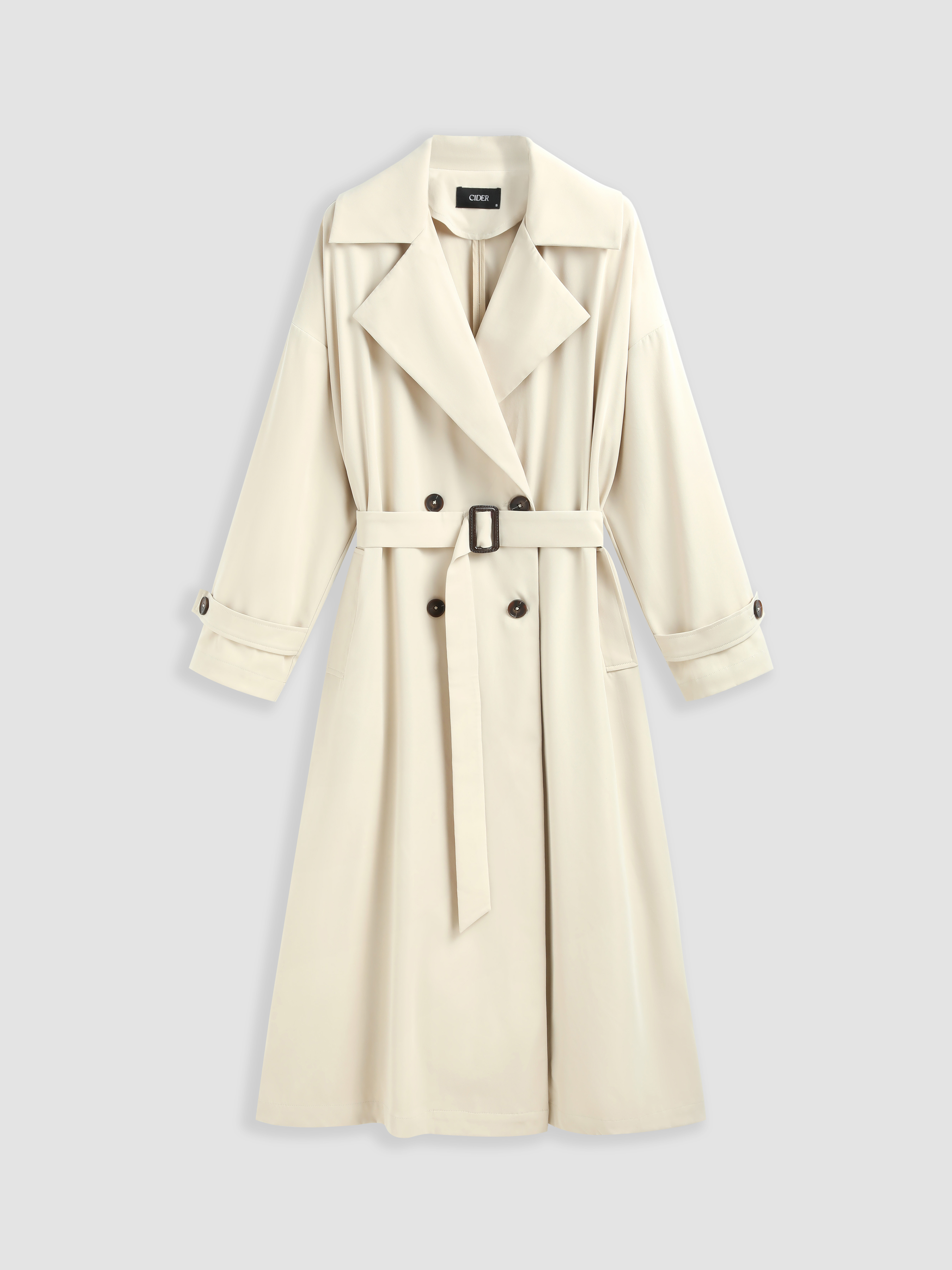 Oversized Solid Collar Long Trench Coat With Belt For Daily Casual