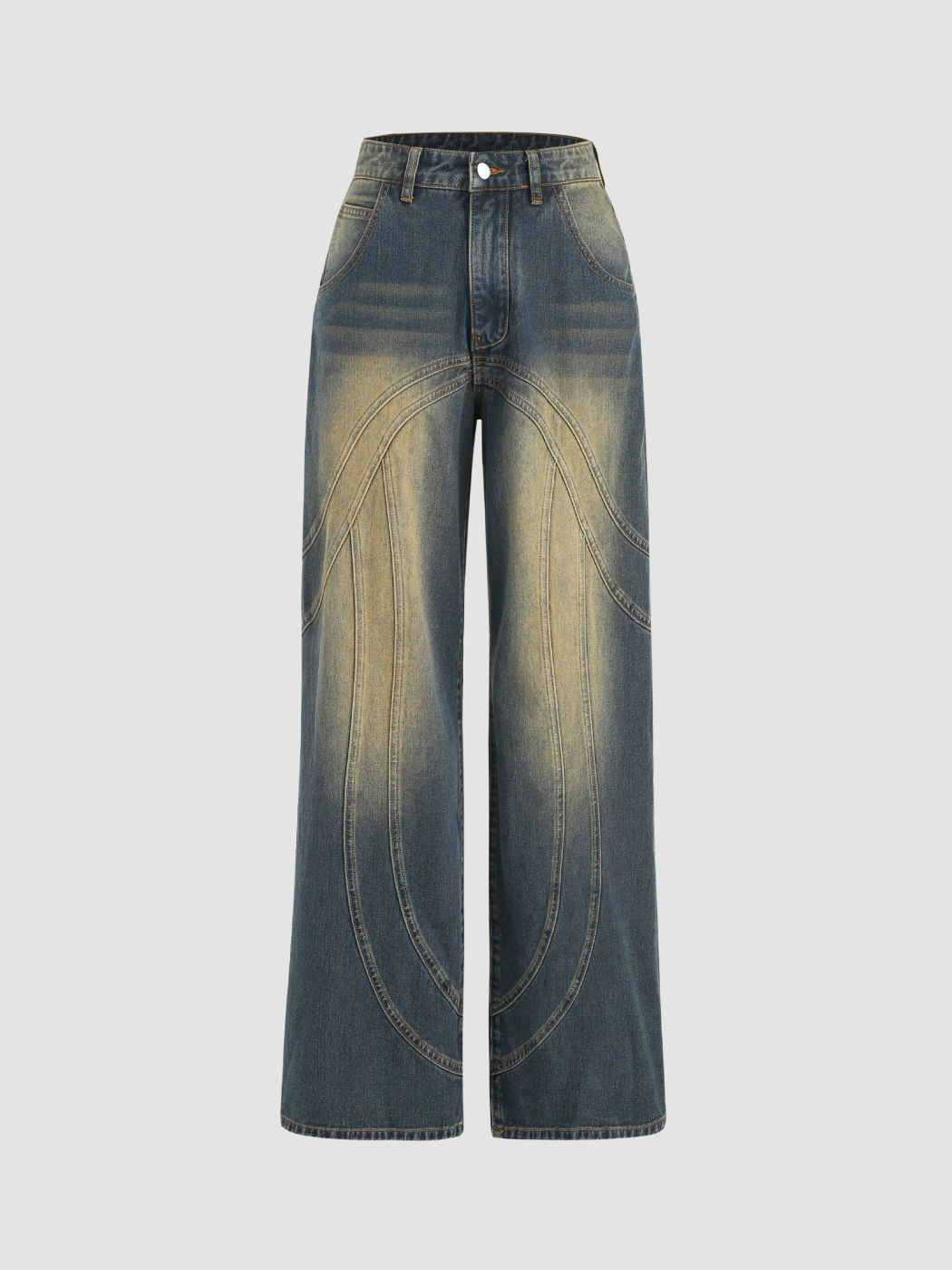 Mittlere Taille gewaschene Knopfgerade Jeans
