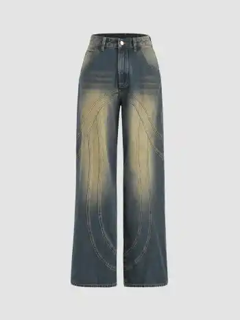 Mittlere Taille gewaschene Knopfgerade Jeans