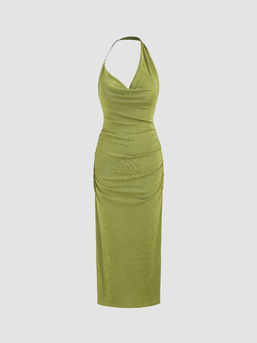  Halfter-Ausschnitt Einfarbig Gerafftes Midikleid