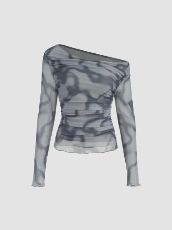 Netz-Langarmoberteil mit One-Shoulder-Rüschenbesatz