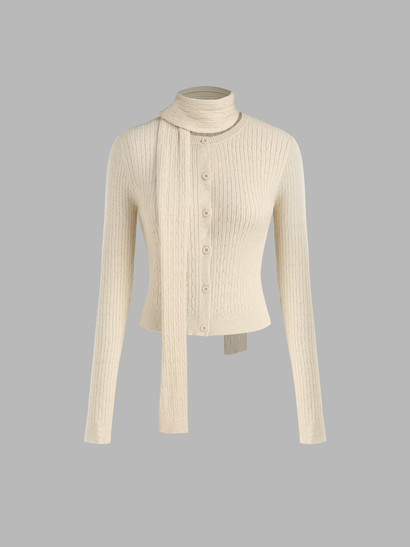 Knit Round Neckline Button Cardigan With Scarf