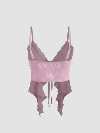 Strick-Crop-Top mit Spitze, Rüschensaum und Knoten