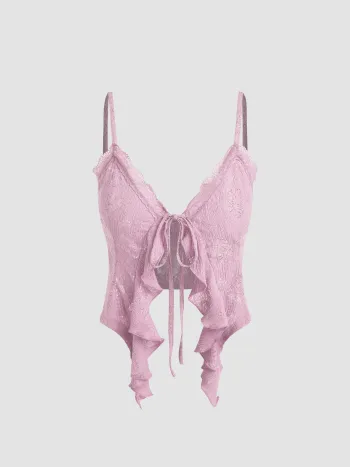 Strick-Crop-Top mit Spitze, Rüschensaum und Knoten