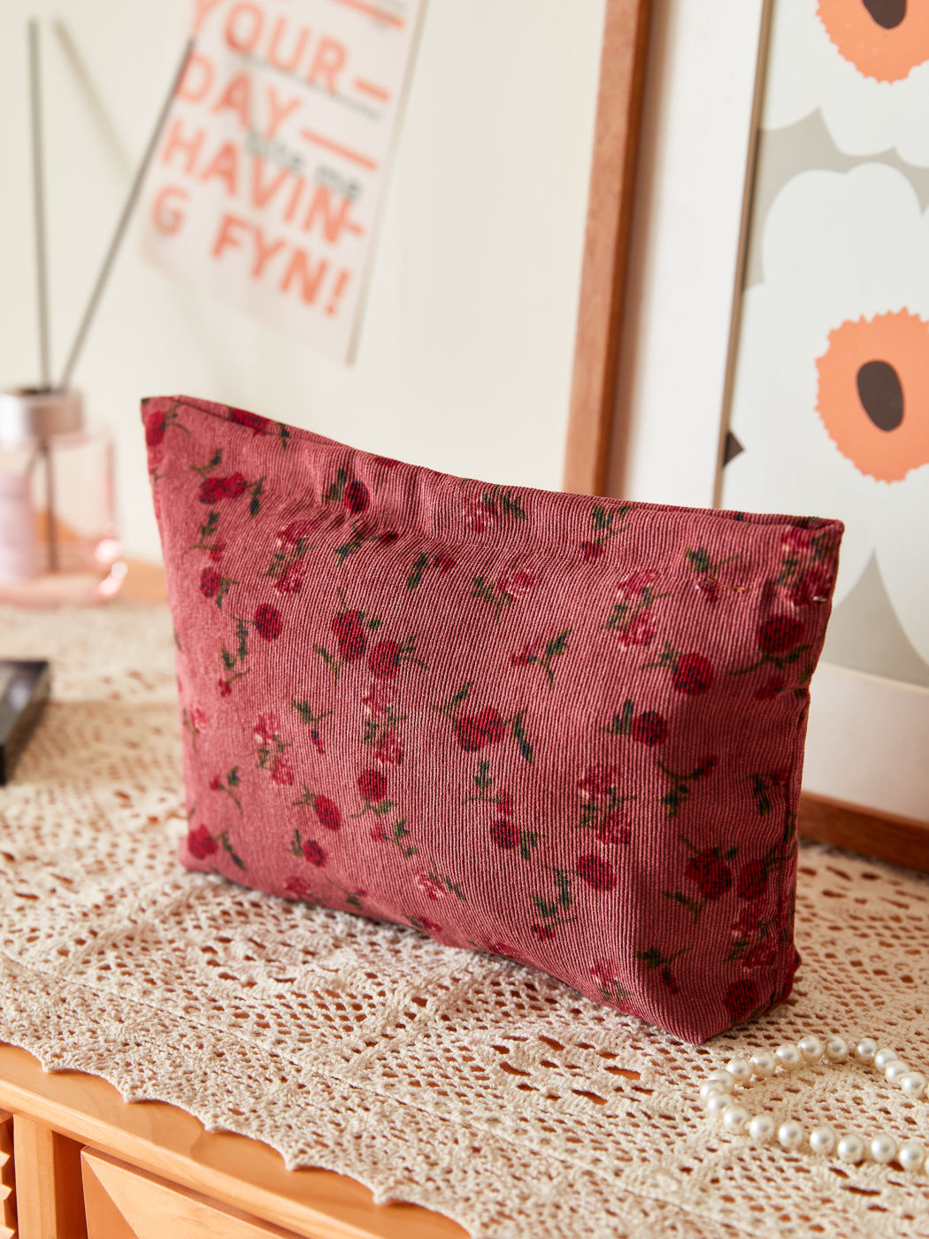 Corduroy Floral Makeup Bag