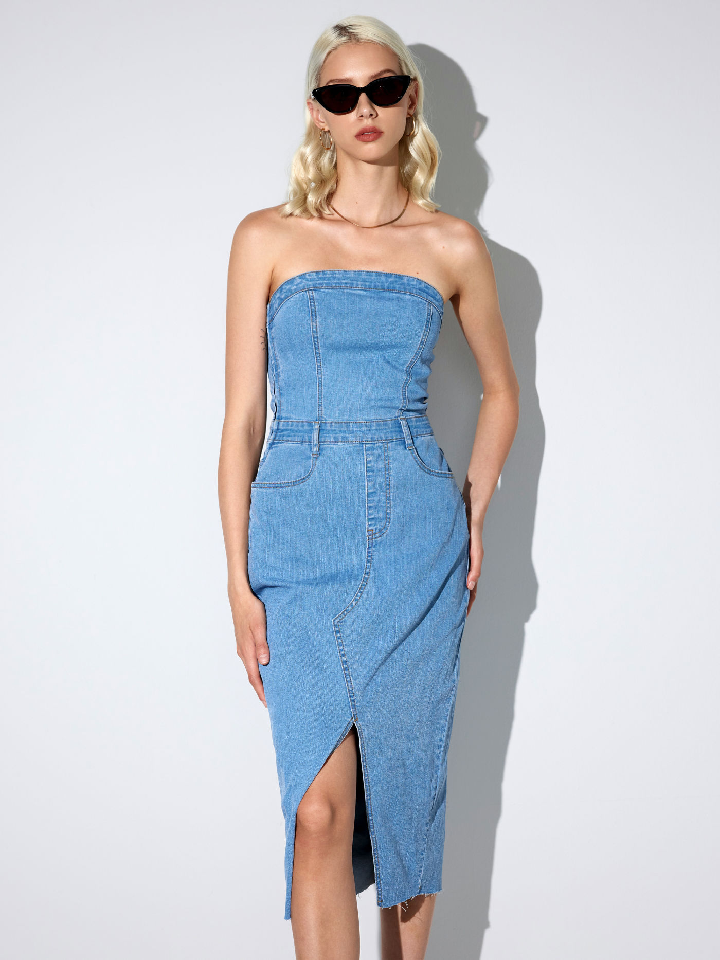 Denim-Röhrentaschen-Midikleid mit Schlitz