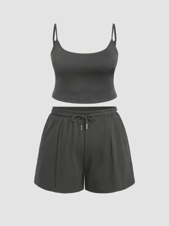 U-neckline Crop Cami Top & Drawstring Wide Leg Shorts Set Curve & Plus