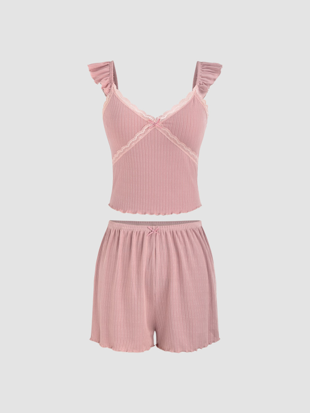 Solid Vneck Ruffle Crop Cami Top & High Waist Shorts Lounge Set For Home