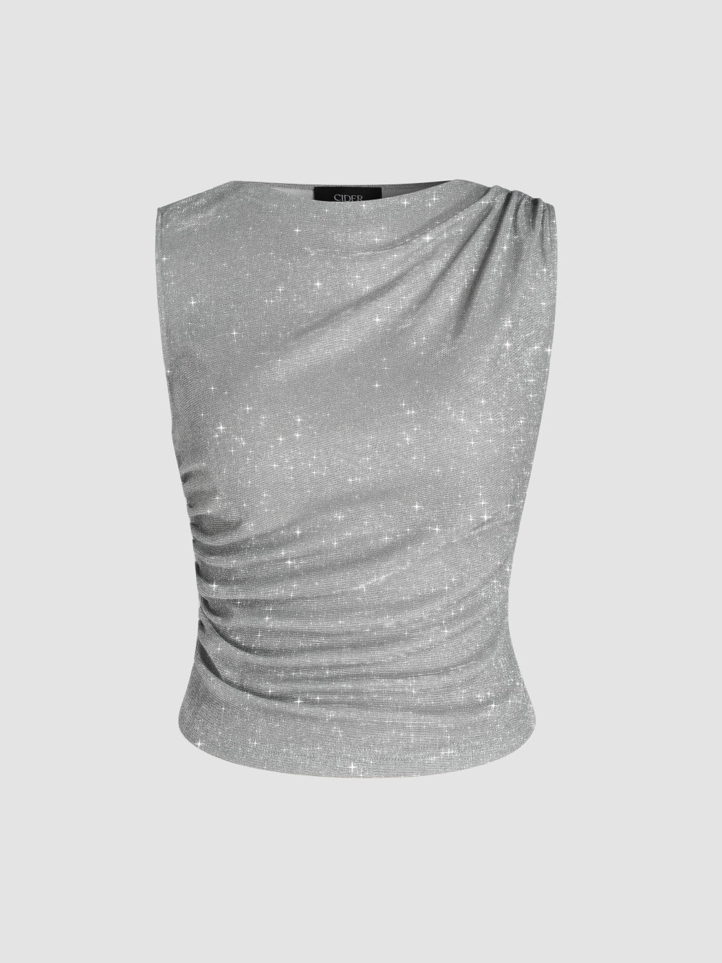 Round Neck Ruched Glitter Asymmetrical Tank Top