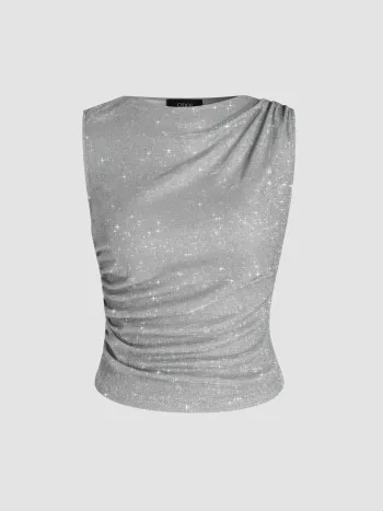 Round Neck Ruched Glitter Asymmetrical Tank Top