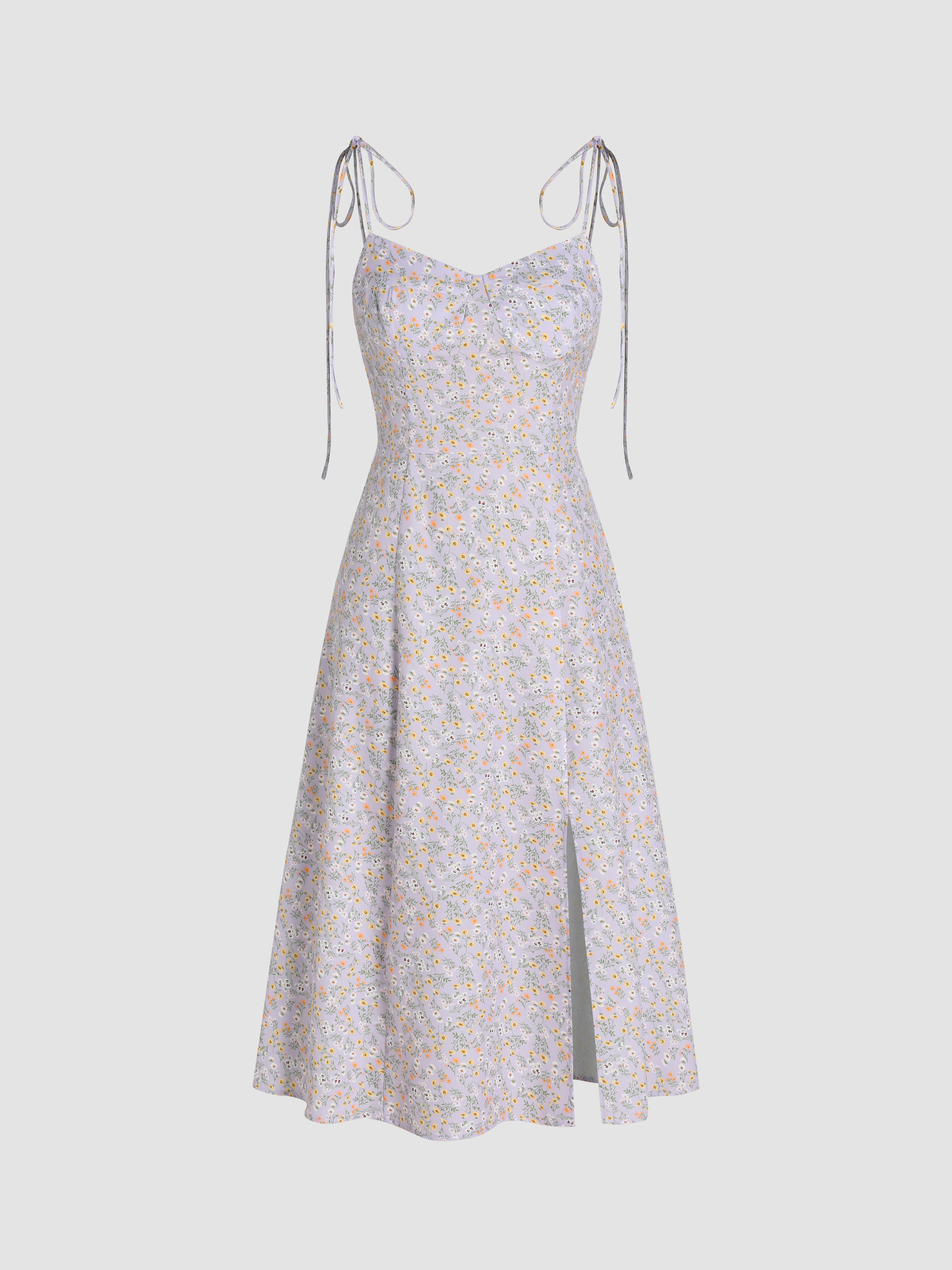 Floral Shirred Split Bowknot Cami Maxi Dress Cider