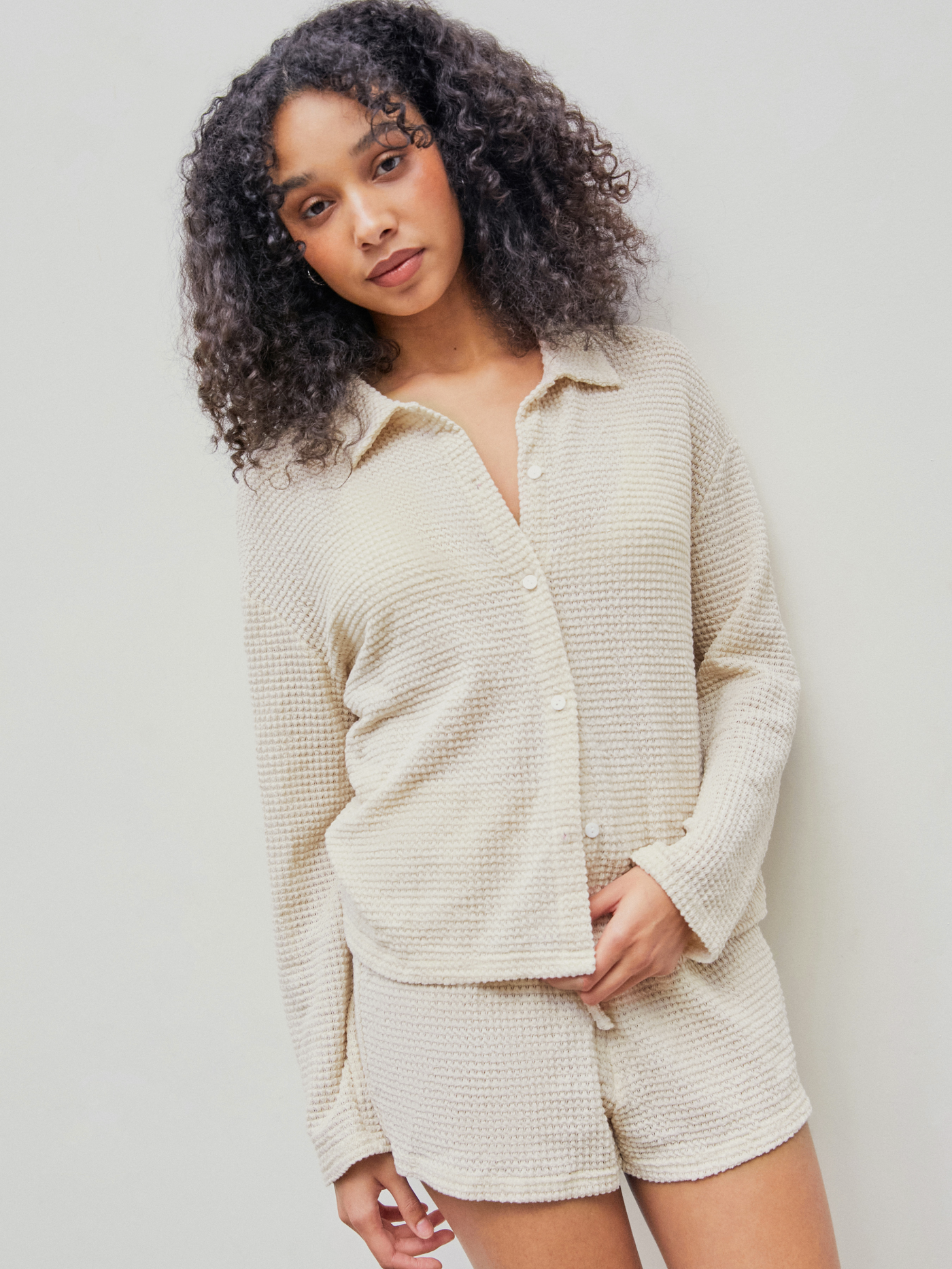 Waffle Long Sleeve Top & High Waist Shorts Lounge Set