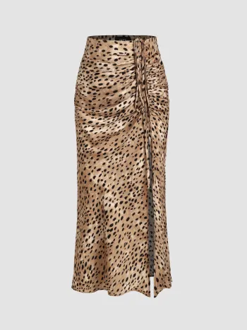 Spot Leopard Print Drawstring Split Maxi Skirt
