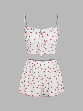 Pajamaset mit Erdbeerdruck, geknotetem Tanktop und Hochbundshorts