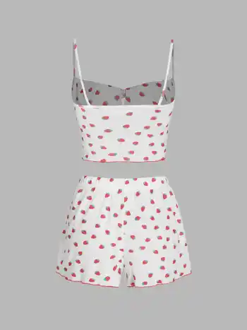 Pajamaset mit Erdbeerdruck, geknotetem Tanktop und Hochbundshorts