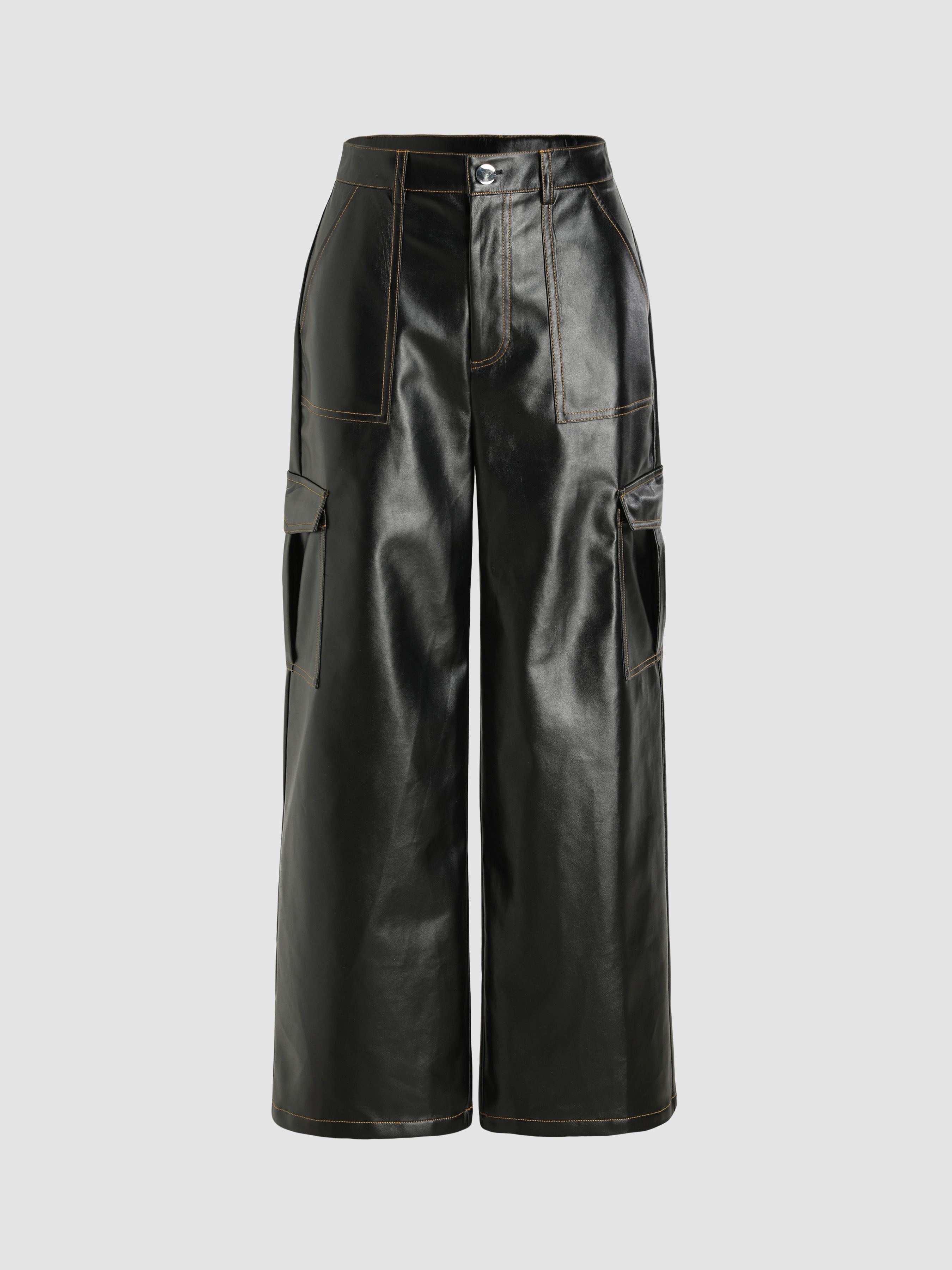 Faux Leather High Waist Solid Cargo Wide Leg Trousers