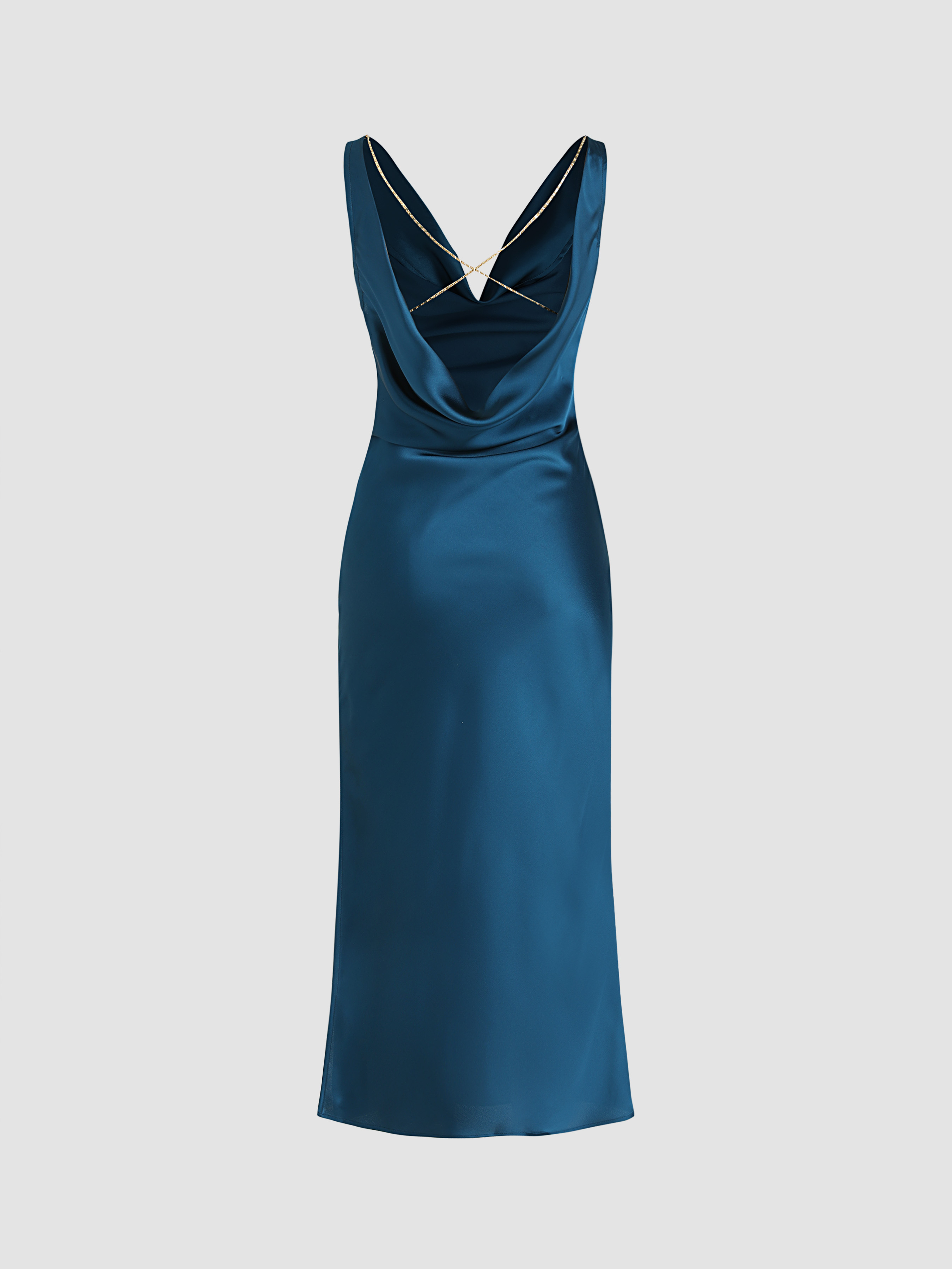 Satin Cowl Neck Backless Criss Cross Midi Dress For Date Wedding