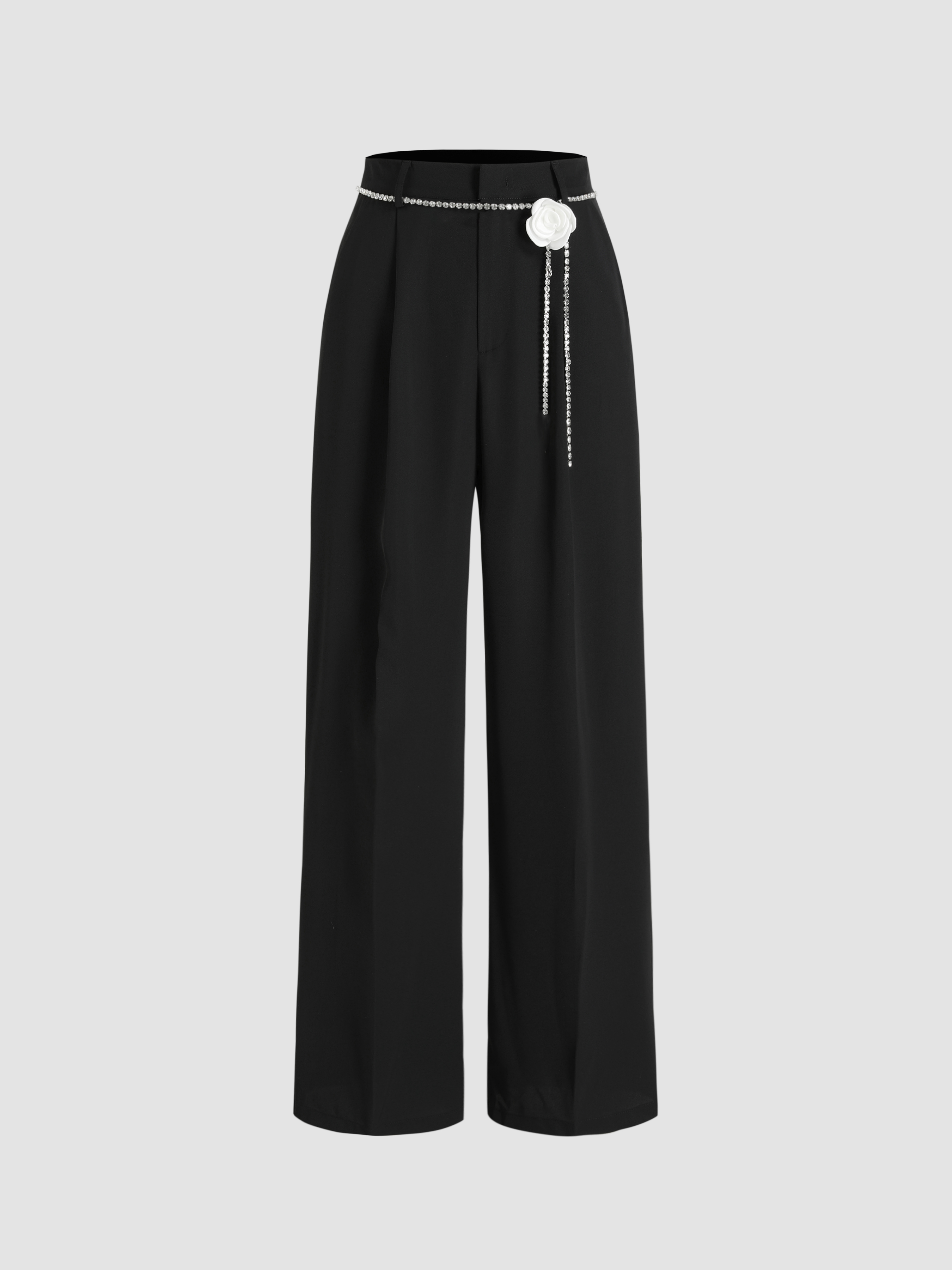 High Waist Pleated Wide Leg Trousers With Flower Waist Chain - Cider