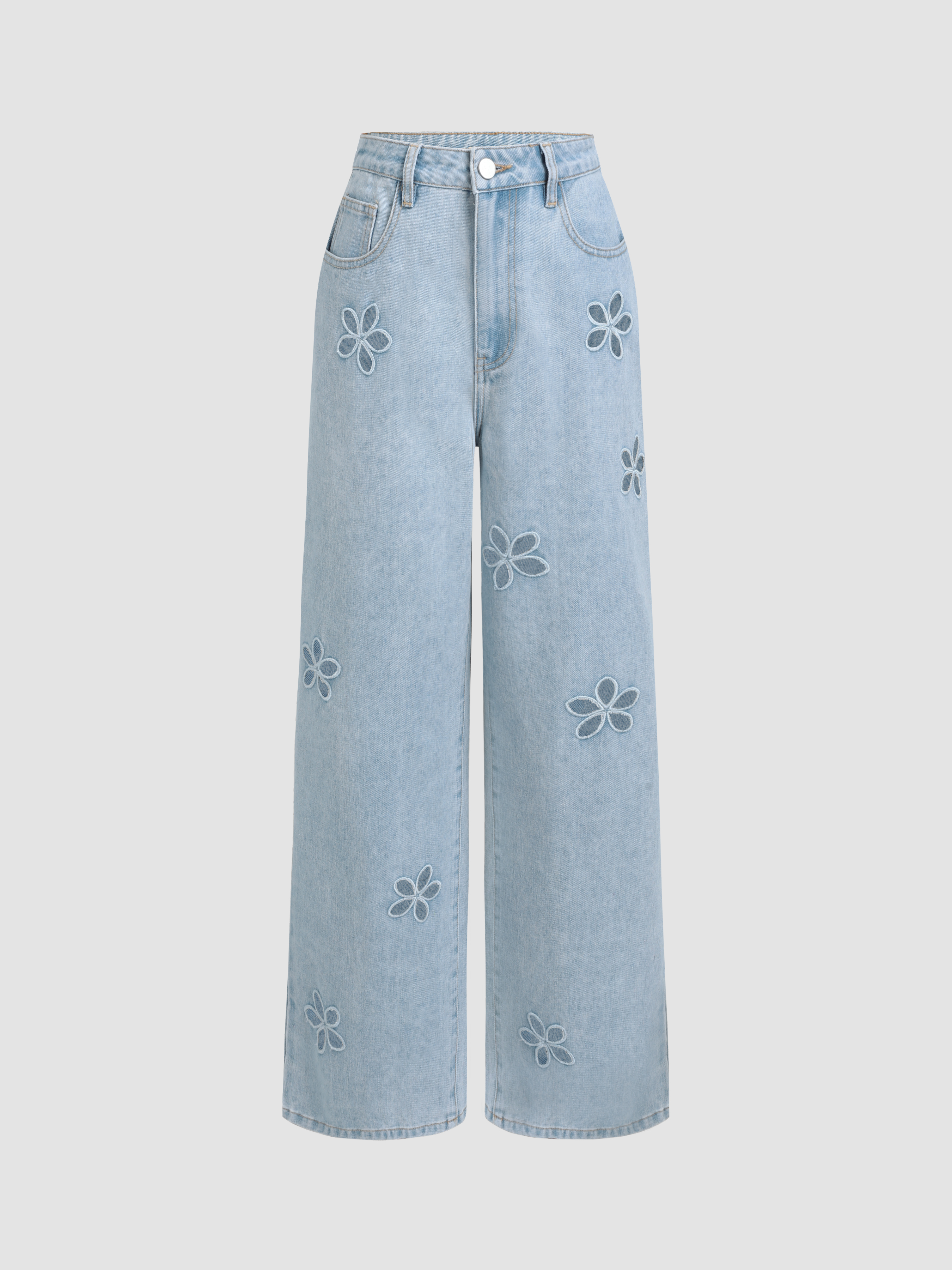 Denim Denim Mid Waist Floral Pocket Wide Leg Jeans For School Daily Casual Picnic Coffee Shop