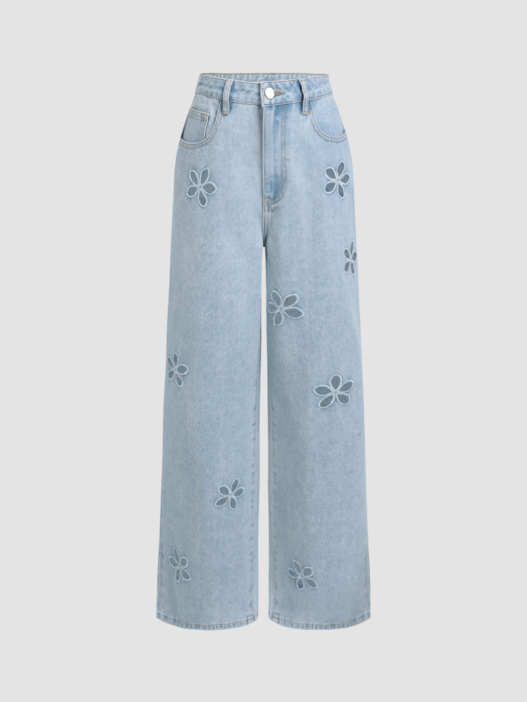 Denim Mid Waist Floral Pocket Wide Leg Jeans