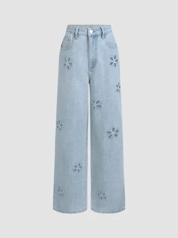 Denim Mid Waist Floral Pocket Wide Leg Jeans