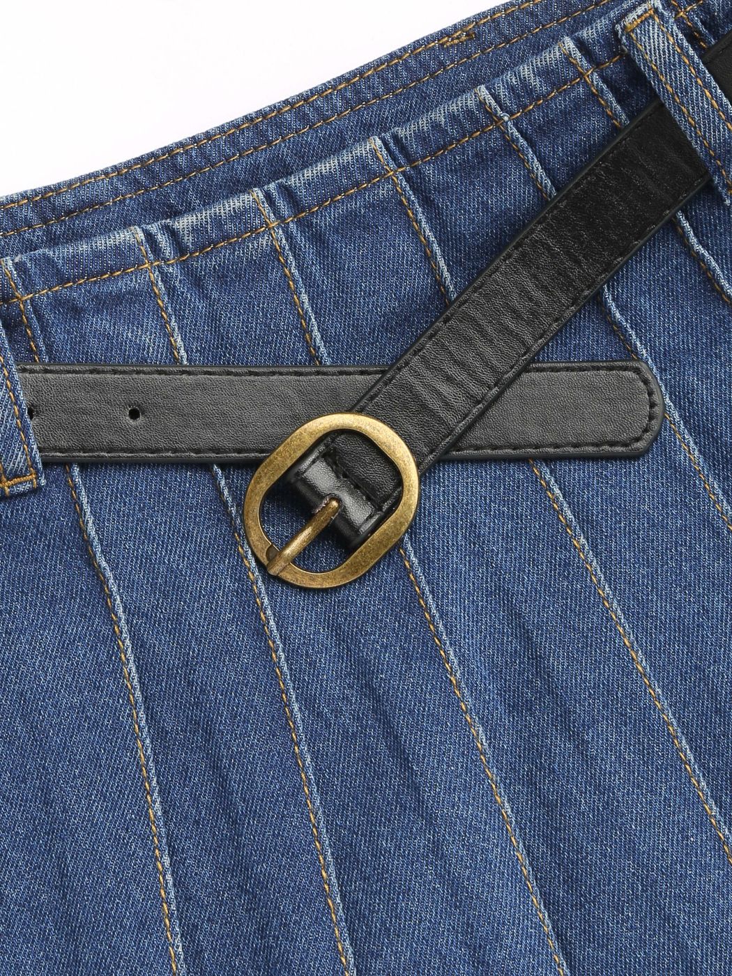 Denim Low Waist Solid Pleated Skirt