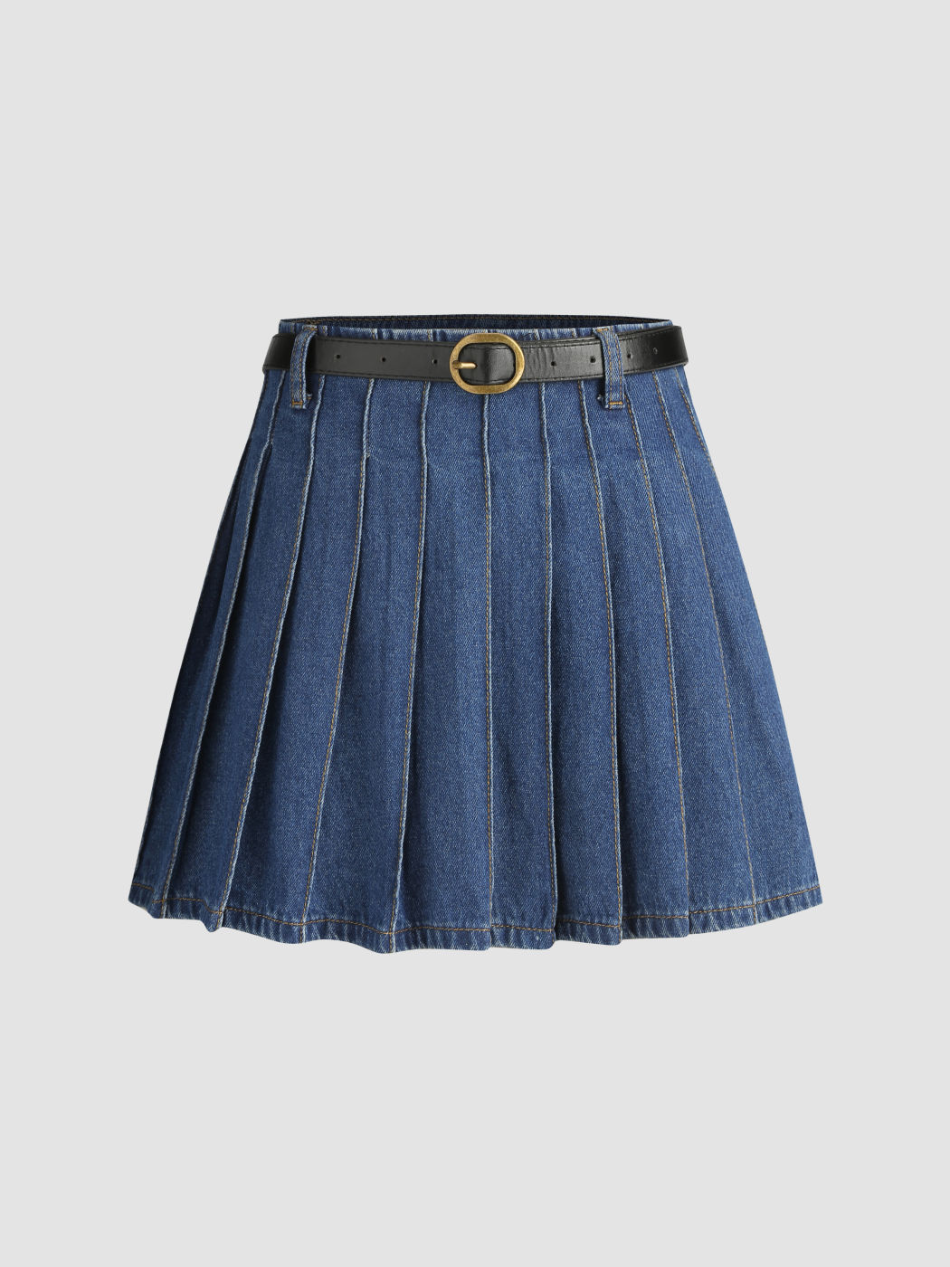 Denim Low Waist Solid Pleated Skirt