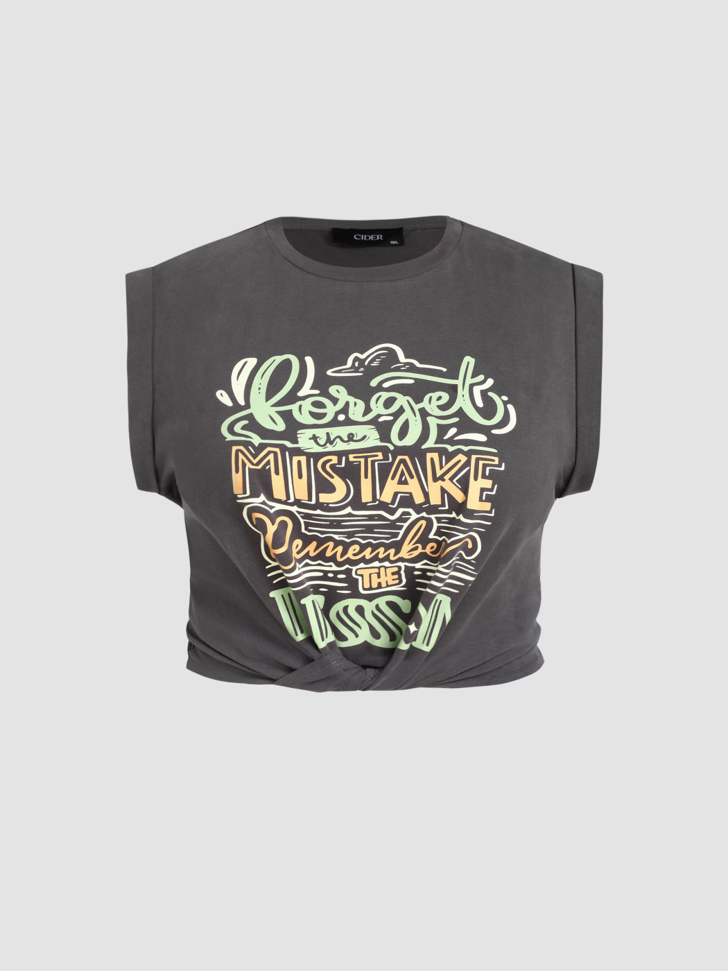 Round Neckline Graphic Knotted Crop Top Curve & Plus