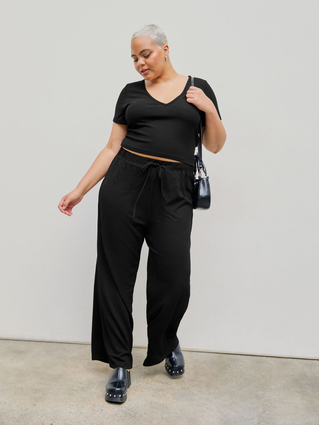 Sleeve Tee & Knotted Wide Leg Pants Set Curve & Plus