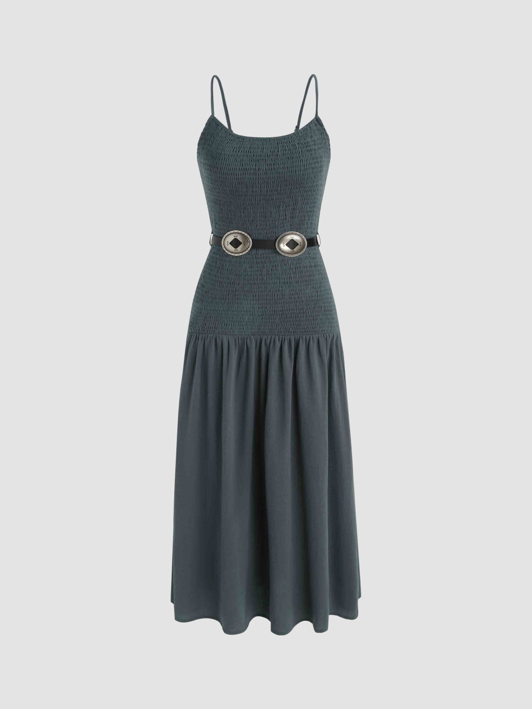 Square Neck Shirred Ruched Midi Dress With Belt 