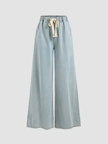 Leslie Denim High Waist Solid Tie Front Wide Leg Trousers