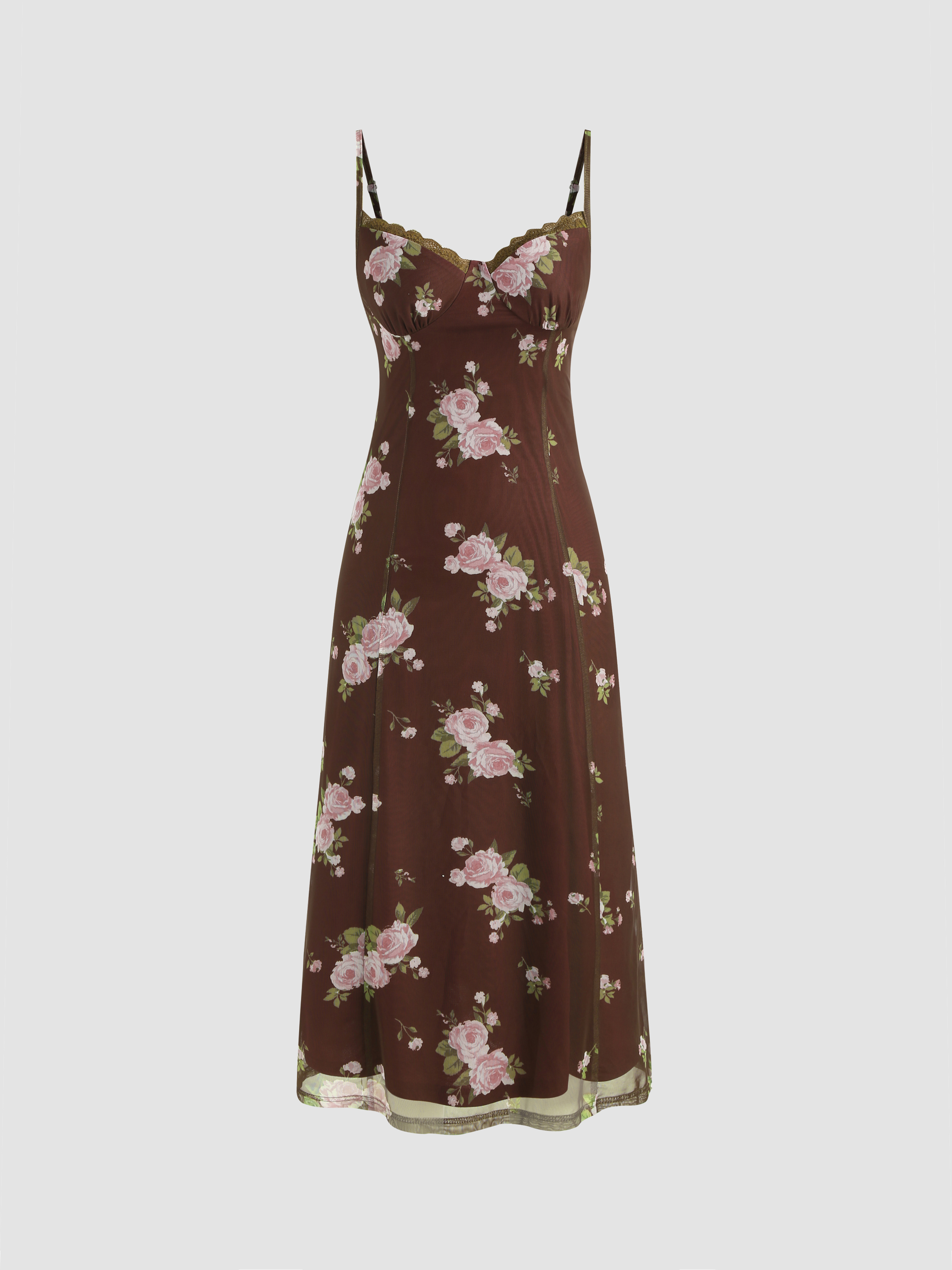 V-neck Floral Mesh Midi Dress For Date Vacation Holiday