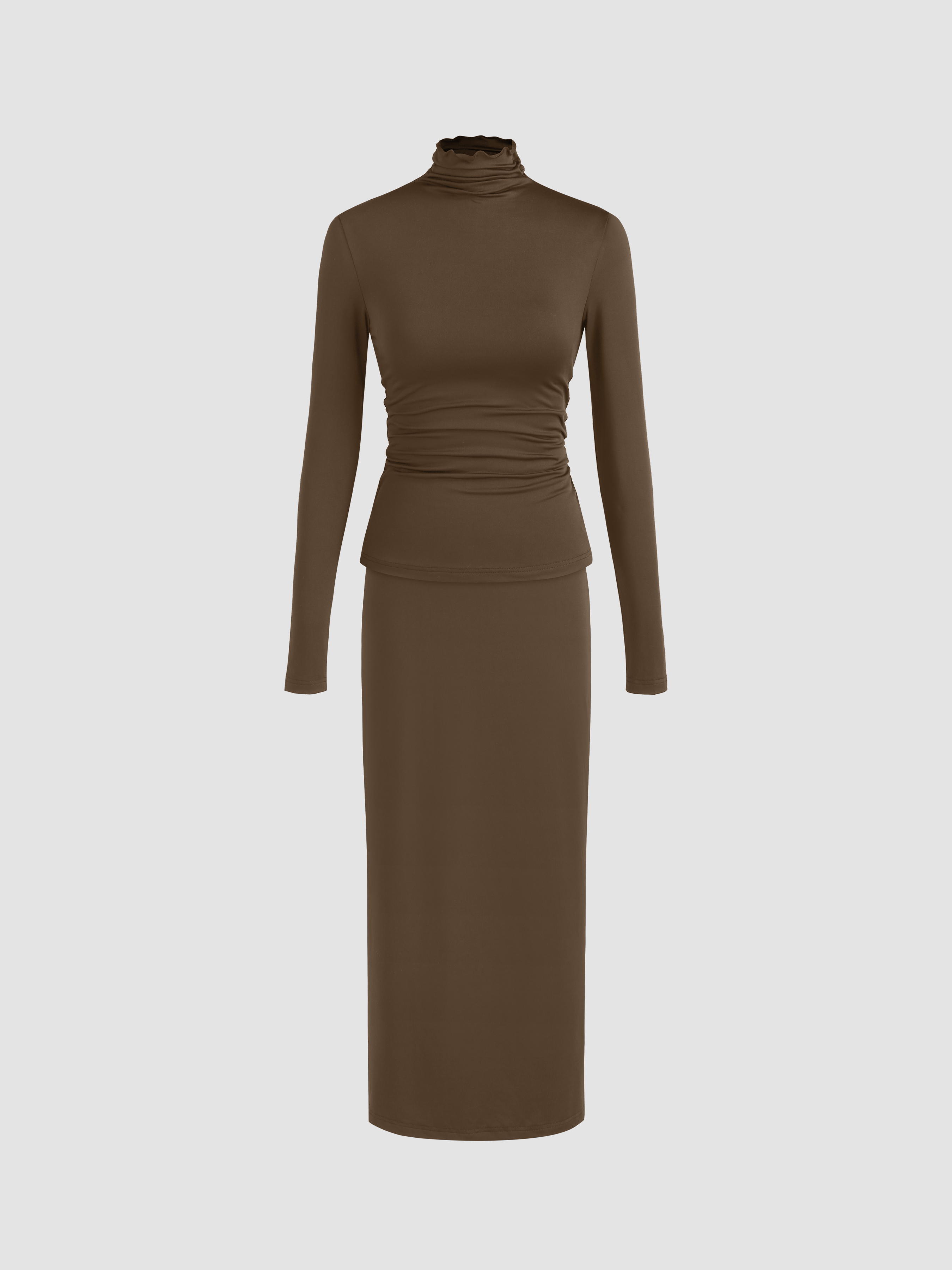 Knit Fabric High Neck Ruched Long Sleeve Top & Split Maxi Skirt Set For ...