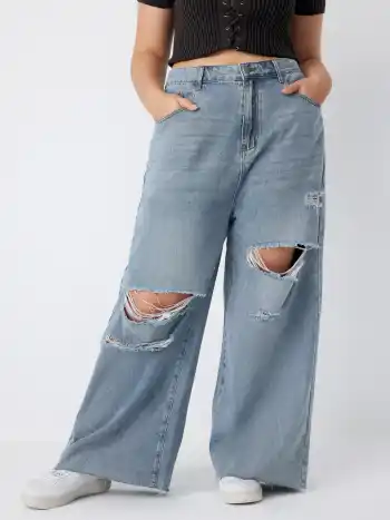 High Waist Ripped Straight Leg Jeans Curve & Plus