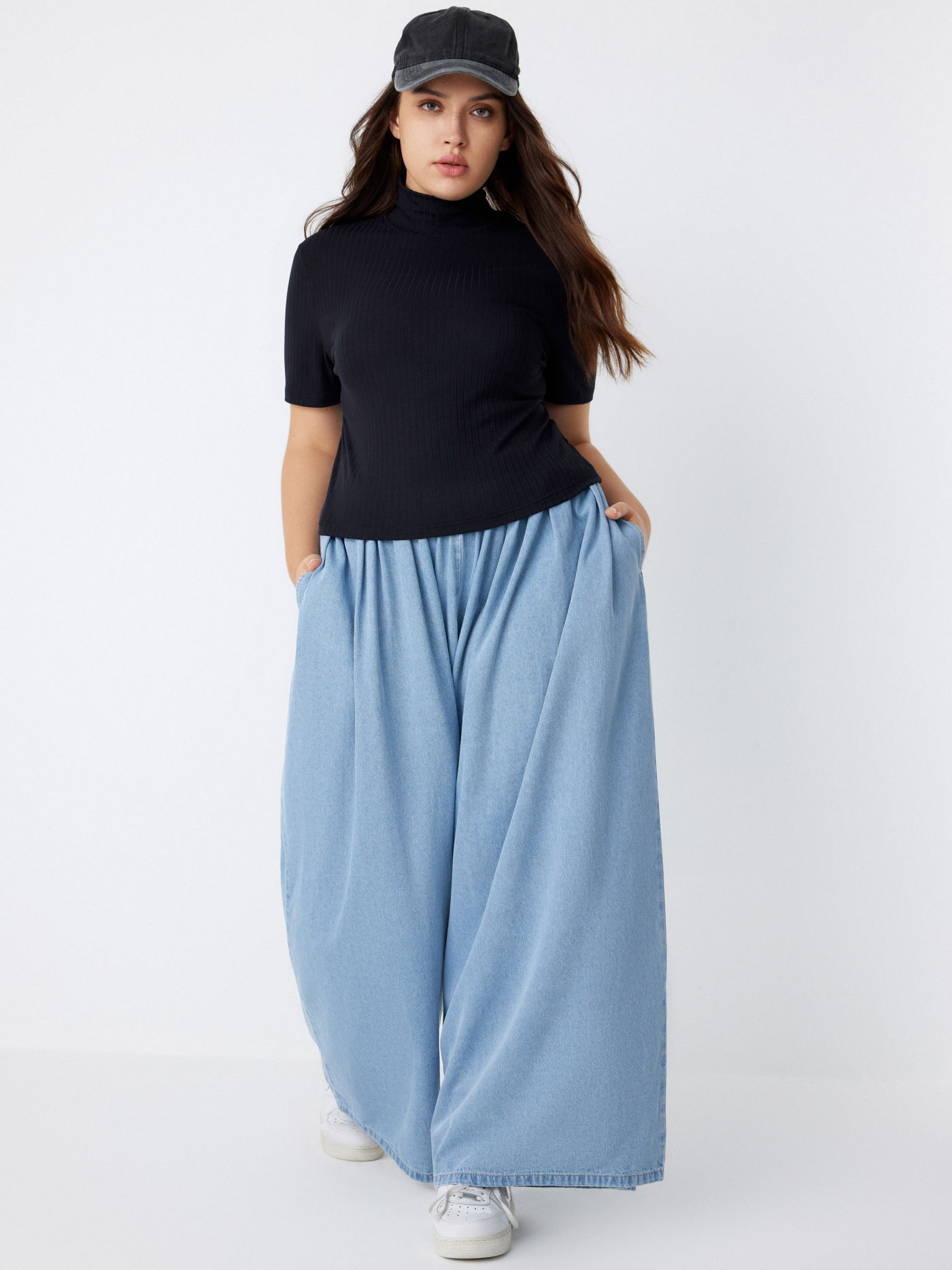Denim Elastic Waist Pleated Wide Leg Jeans Curve & Plus