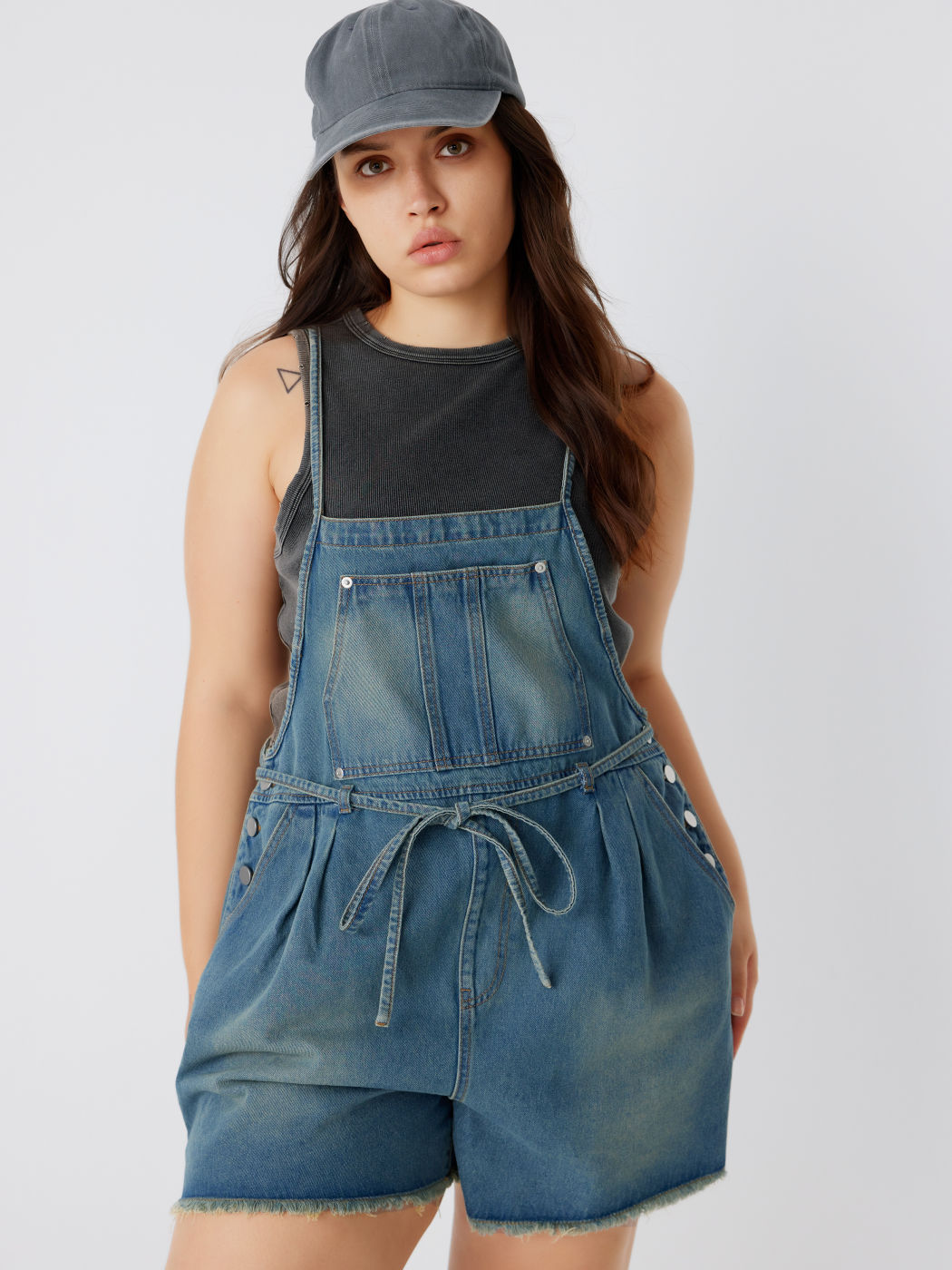 Denim Sólido Romper con Cinturón Curvy