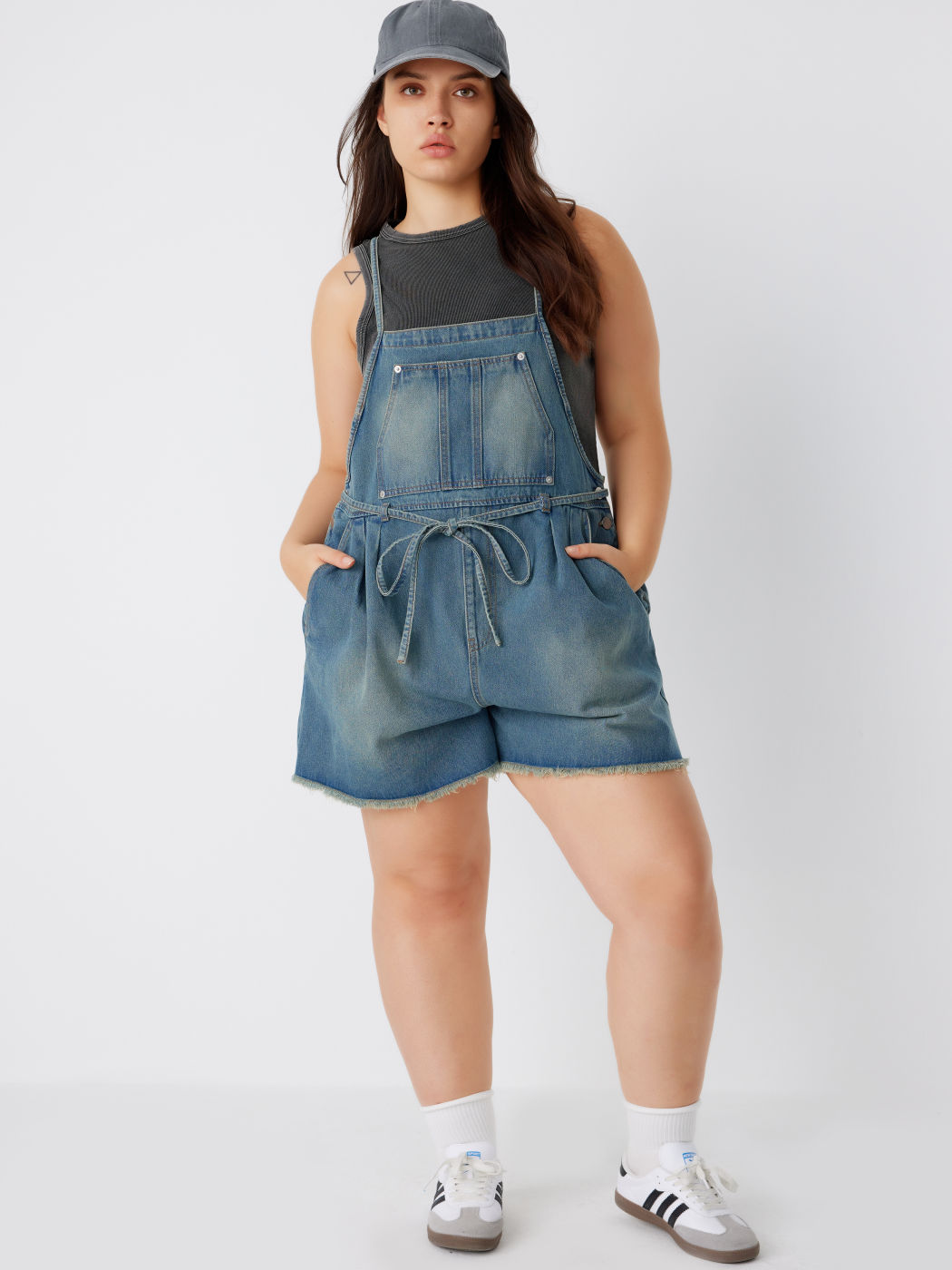 Denim Sólido Romper con Cinturón Curvy